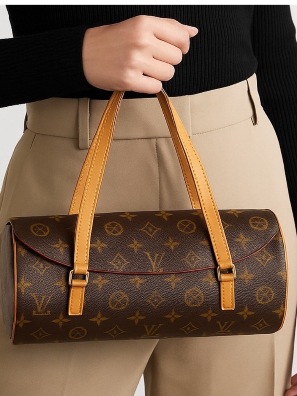 Louis Vuitton Brown Monogram Sonatine Cylinder Bag with Tan Handles - Picture 1 of 10